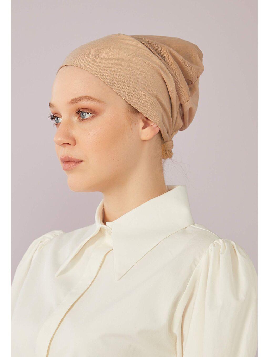 Fileli Dikişsiz Düz Bone Bej-3