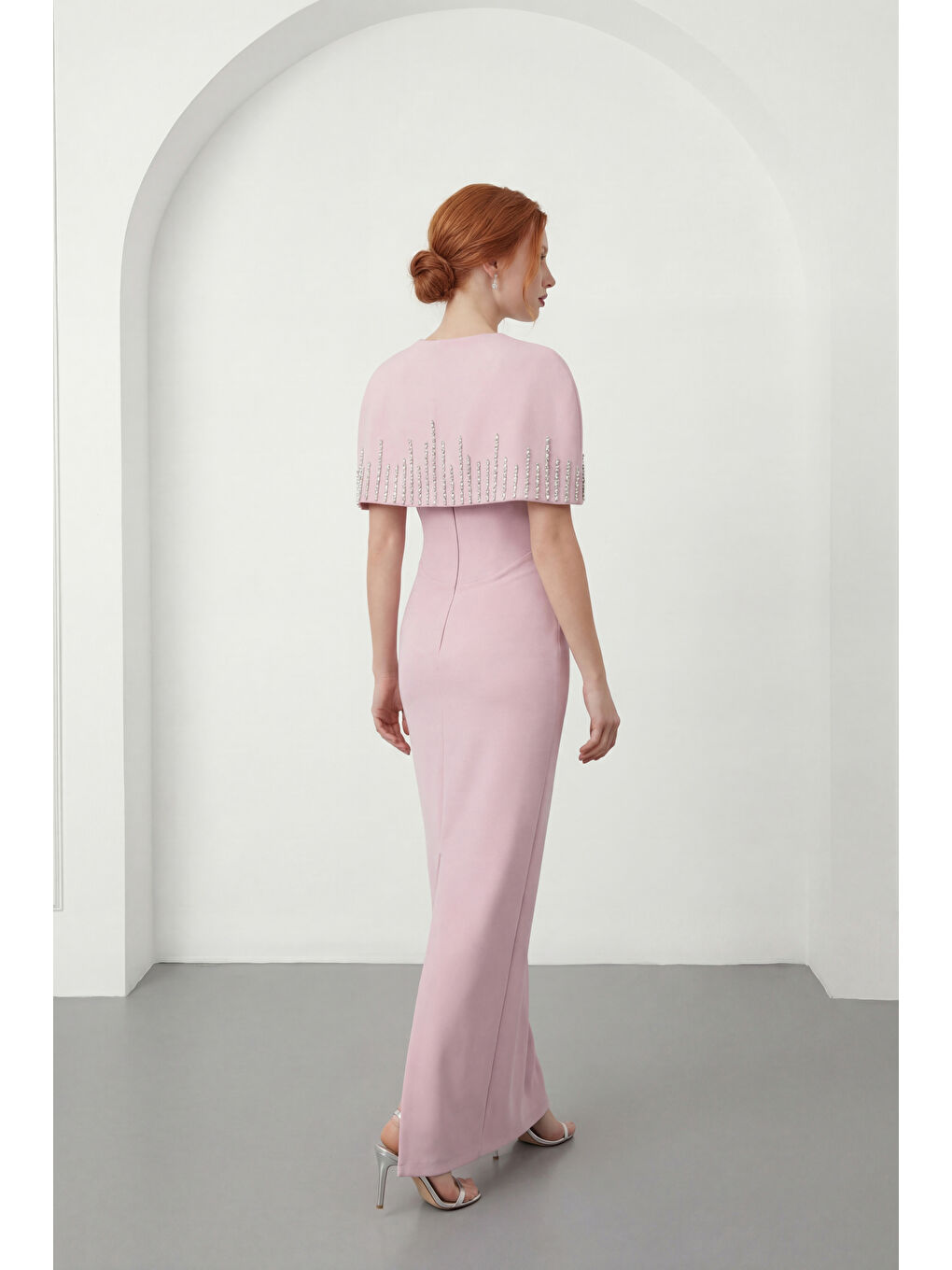 Pembe Kadın Pudra Dar Kalıp Ceketli Taşlı Uzun Söz Nişan Nikah Abiye Elbise-5