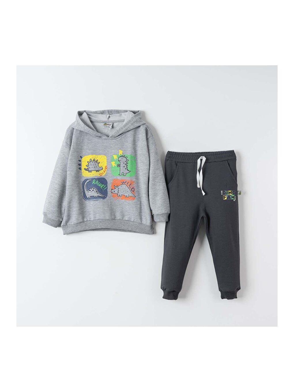 Mışıl Kids Gri-Açık Gri Dino Fam Baskılı Erkek Çocuk Sweatshirt Eşofman Takımı