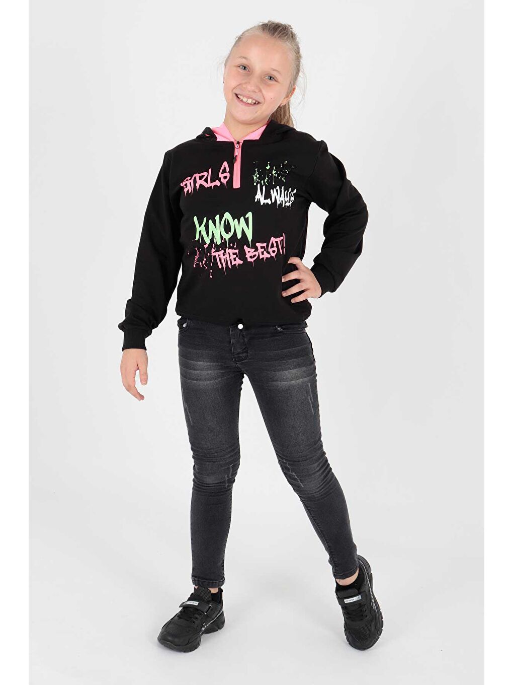 Siyah Kids Kız Always Baskılı Kapüşonlu Sweat Uzun Kollu Kapüşonlu Sweatshirt Pamuklu Ak722407-1