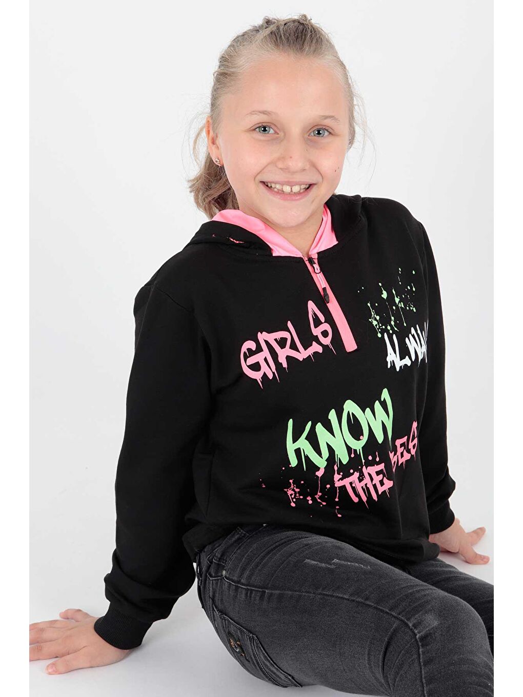 Siyah Kids Kız Always Baskılı Kapüşonlu Sweat Uzun Kollu Kapüşonlu Sweatshirt Pamuklu Ak722407-2