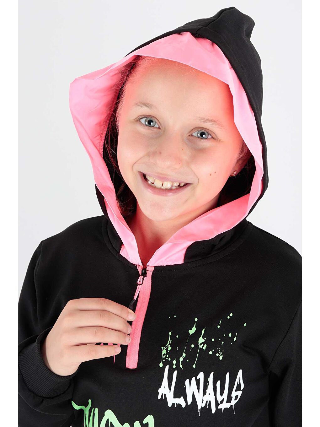 Siyah Kids Kız Always Baskılı Kapüşonlu Sweat Uzun Kollu Kapüşonlu Sweatshirt Pamuklu Ak722407-3