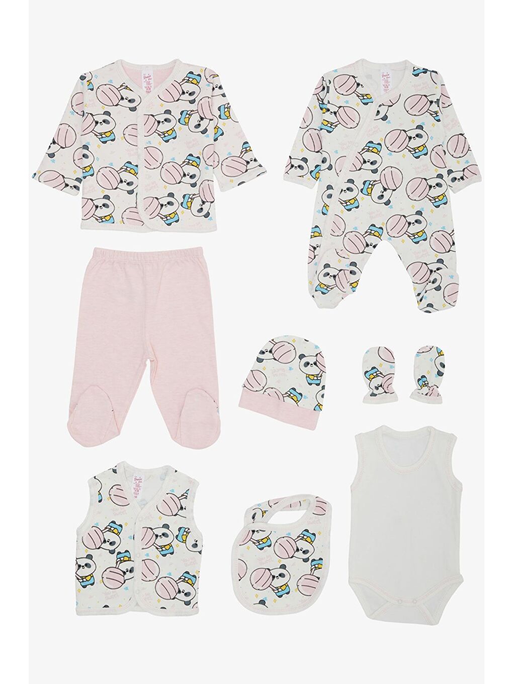 Kız Bebek Hastane Çıkışı 8 li Sevimli Şekerci Panda Desenli Beyaz (0-3 Ay)