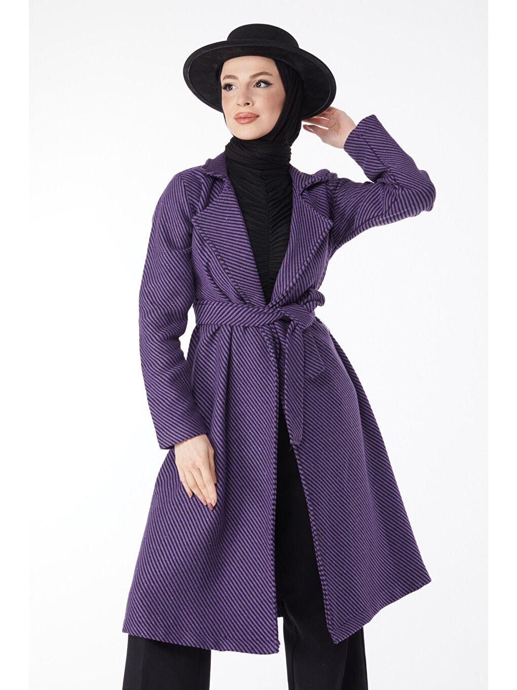 Ceket Yaka Kadın Mor Kuşaklı Kaşe Kaban - 13115-1