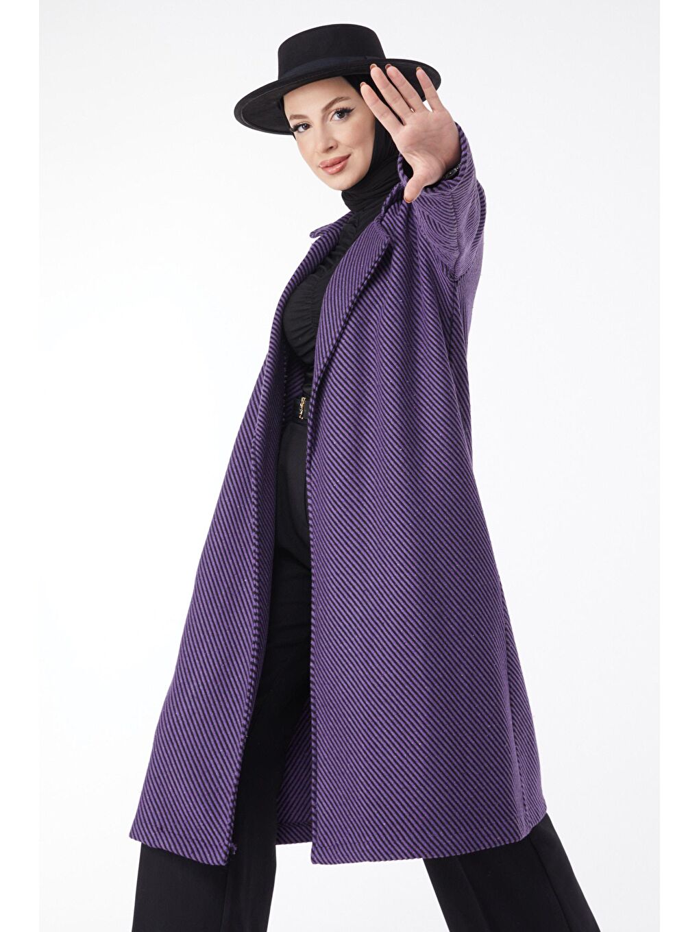 Ceket Yaka Kadın Mor Kuşaklı Kaşe Kaban - 13115-2