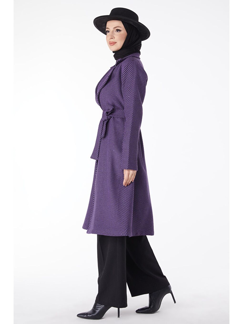 Ceket Yaka Kadın Mor Kuşaklı Kaşe Kaban - 13115-3