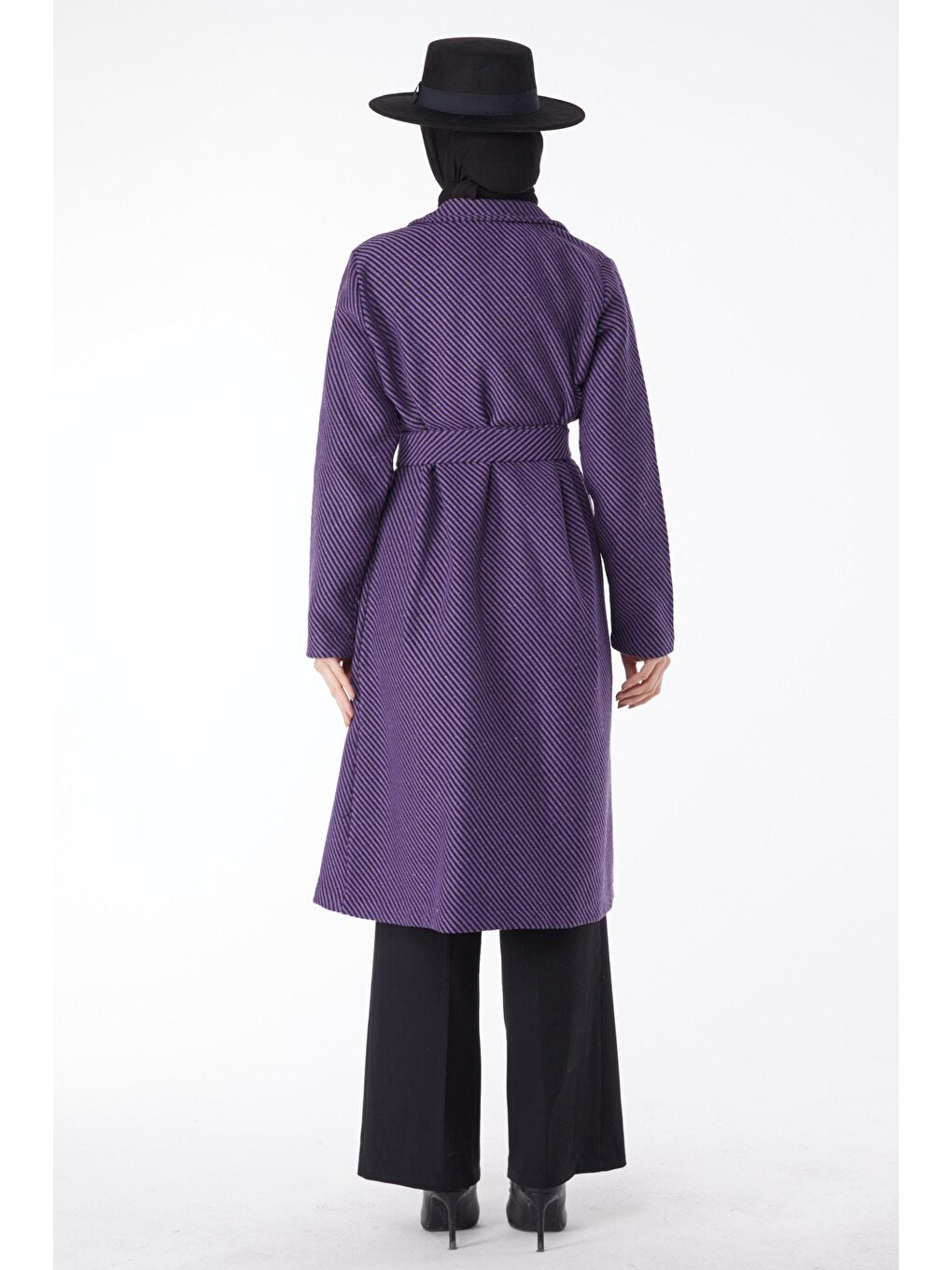 Ceket Yaka Kadın Mor Kuşaklı Kaşe Kaban - 13115-4