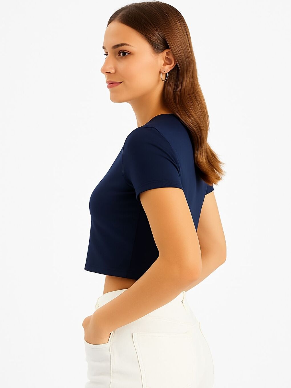 Kadın Lacivert Oversize Crop Tişört-1