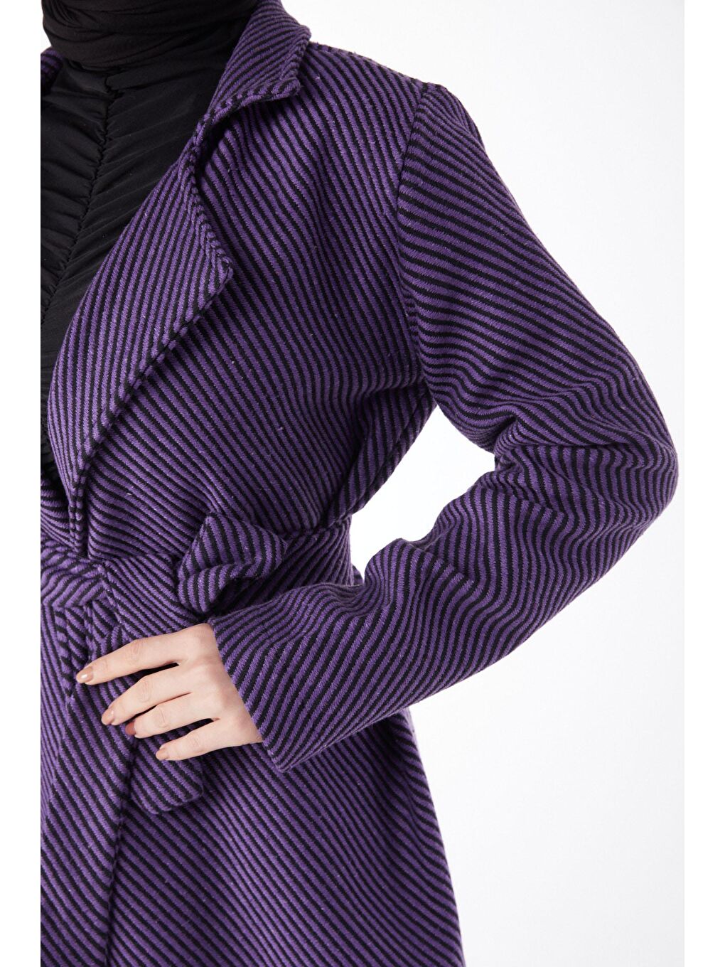 Ceket Yaka Kadın Mor Kuşaklı Kaşe Kaban - 13115-5