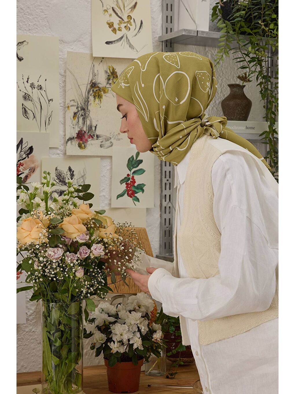 Eloıse Desen Pamuk İpek Eşarp Yeşil-3