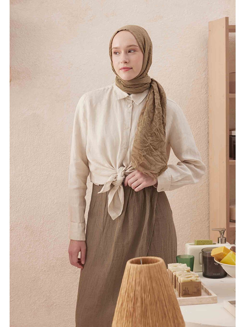 Kahverengi Vual Crash Şal Sahra-1