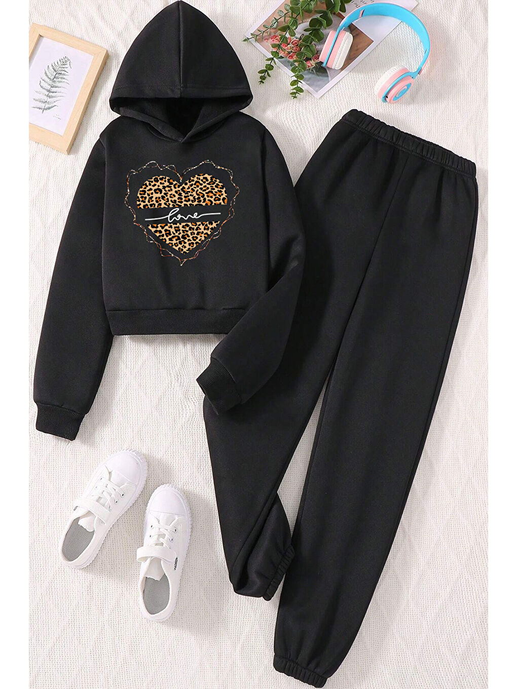 Siyah Kalp Baskılı Erkek - Kız Rahat Eşofman Takımı