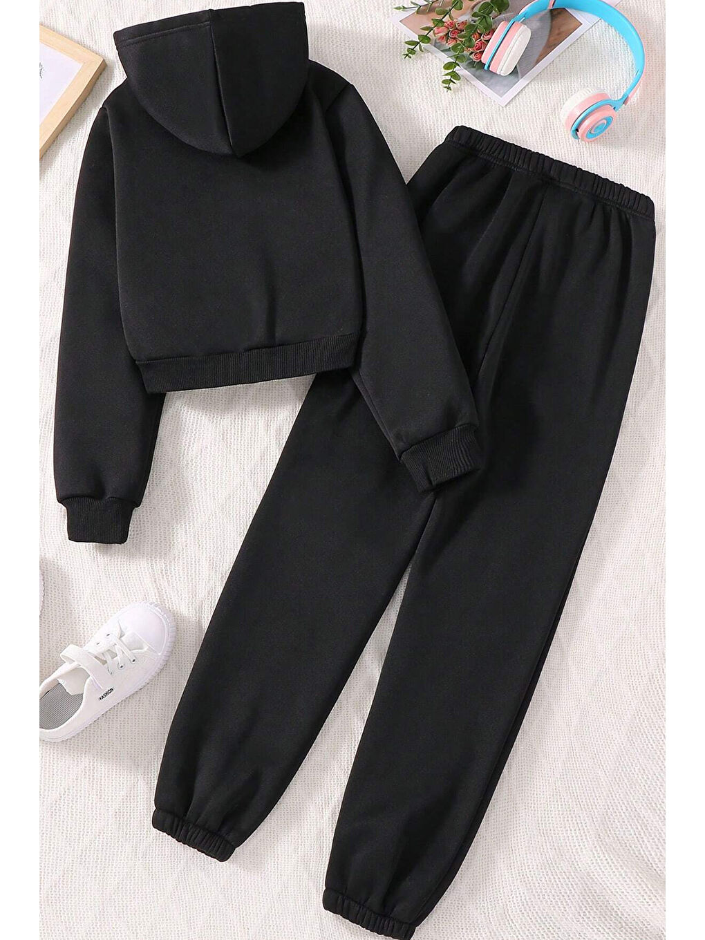 Siyah Kalp Baskılı Erkek - Kız Rahat Eşofman Takımı-1