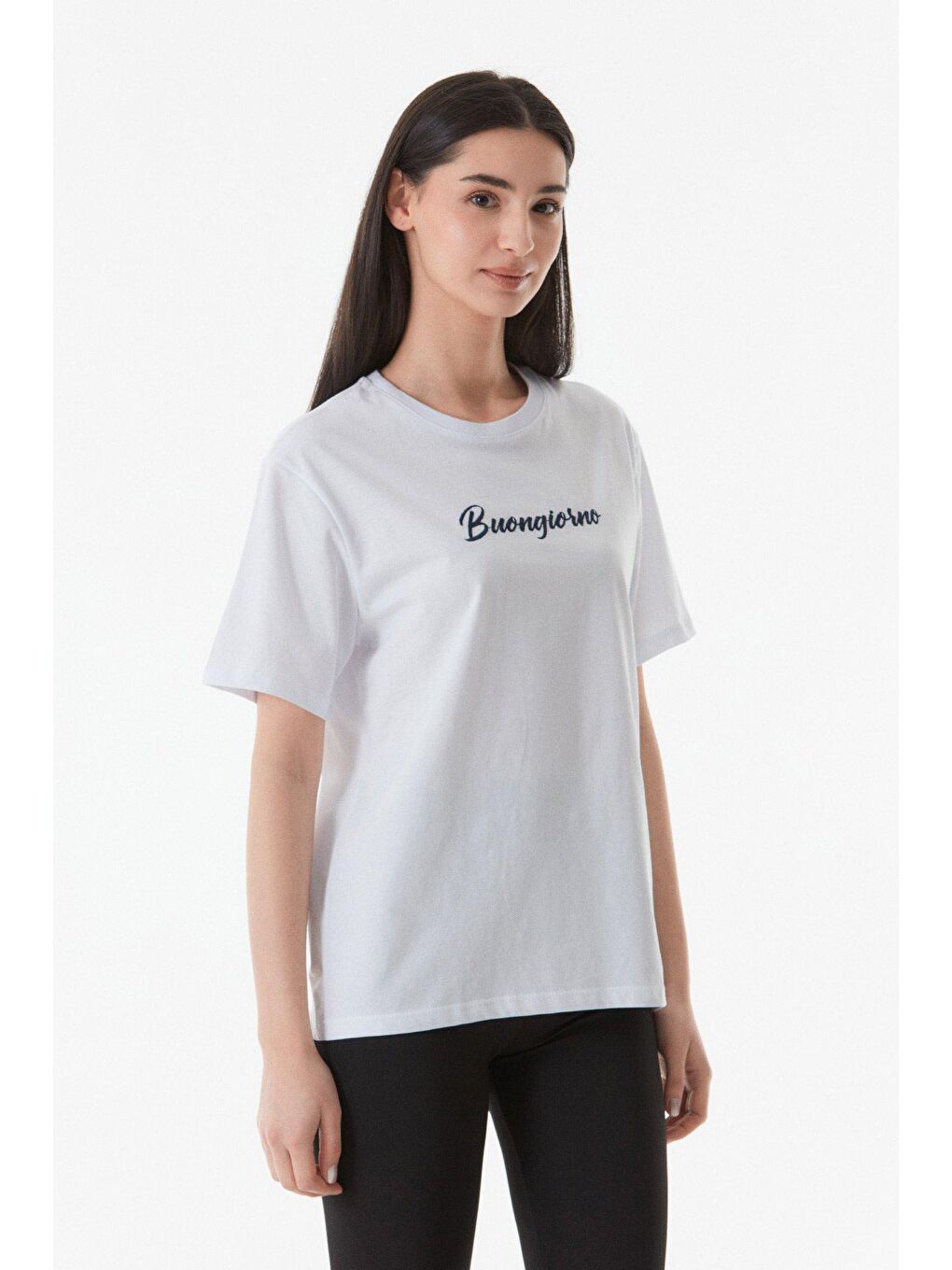 Beyaz Buongiorno Nakışlı Oversize Tişört-1