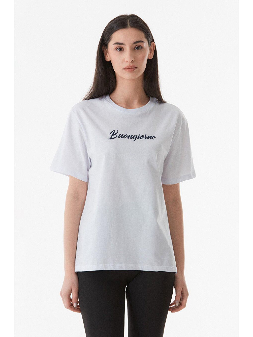 Beyaz Buongiorno Nakışlı Oversize Tişört-3