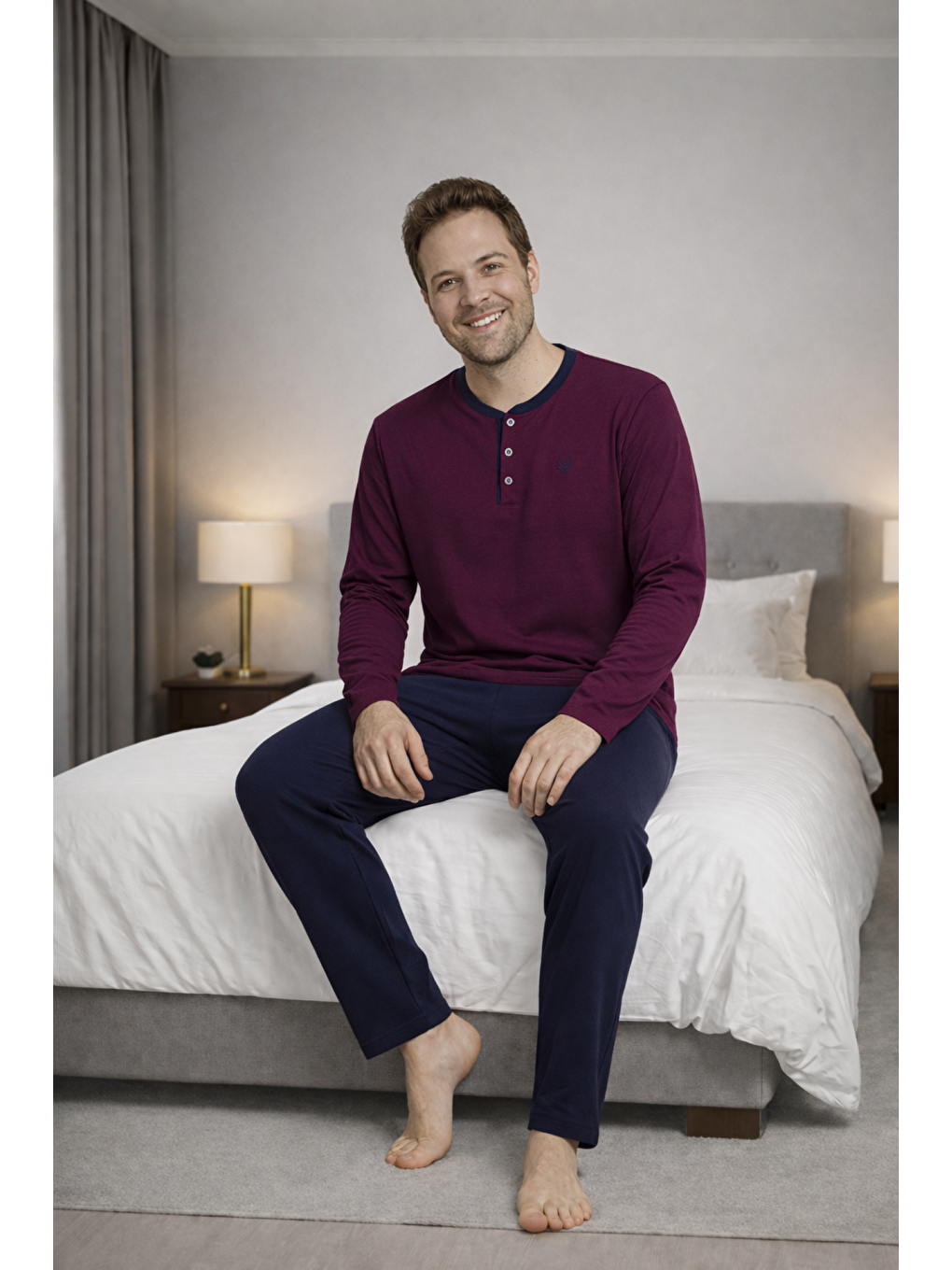 Mürdüm Erkek %100 Doğal Pamuk Uzun Kollu Düğmeli Yüksek Kaliteli Battal Pijama Takımı