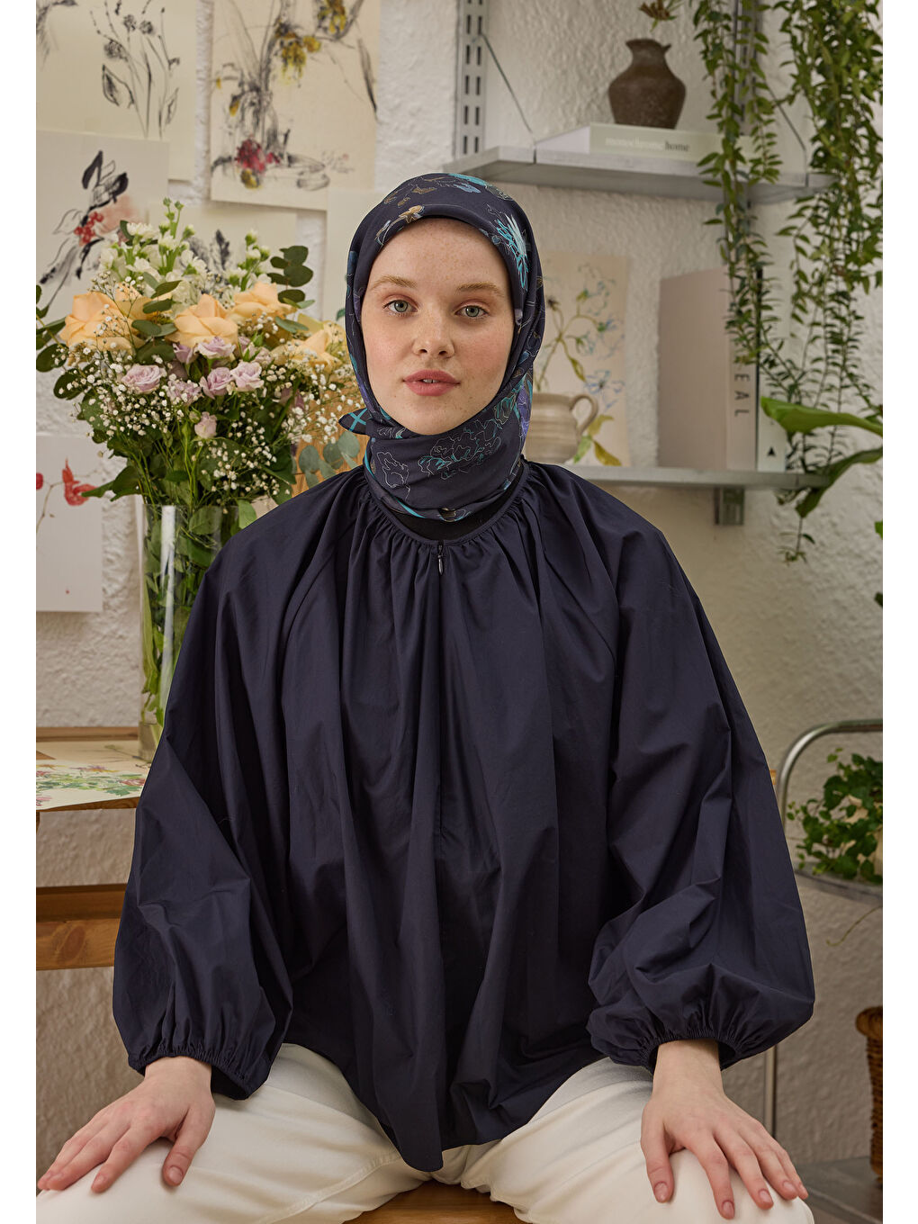 Delıa Desen Pamuk İpek Eşarp Lacivert