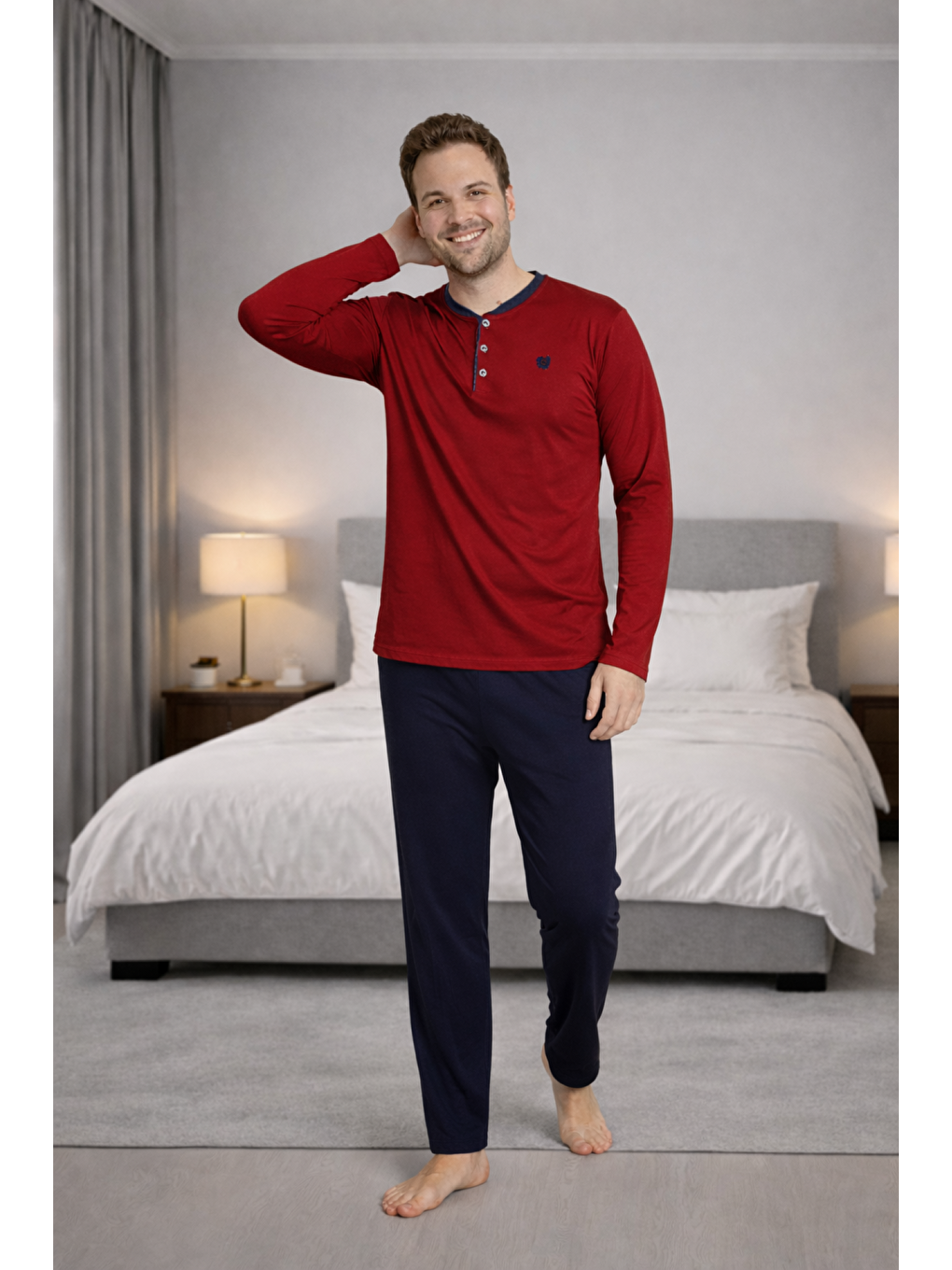 Bordo Erkek %100 Doğal Pamuk Uzun Kollu Düğmeli Yüksek Kaliteli Battal Pijama Takımı