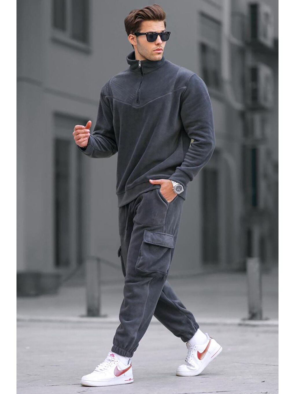 Gri Füme Fermuar Yaka Polar Erkek Eşofman Takımı 5931