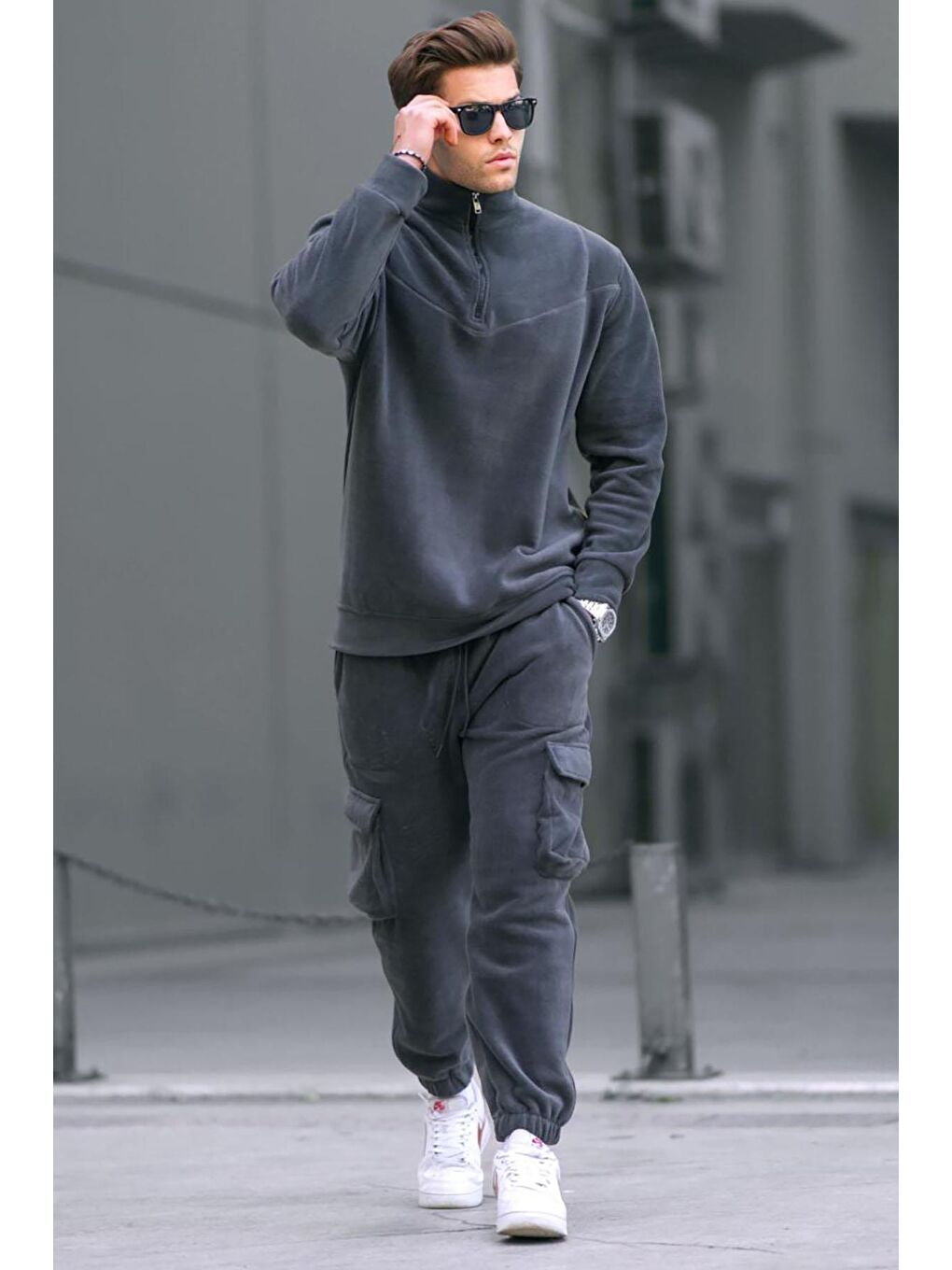 Gri Füme Fermuar Yaka Polar Erkek Eşofman Takımı 5931-1
