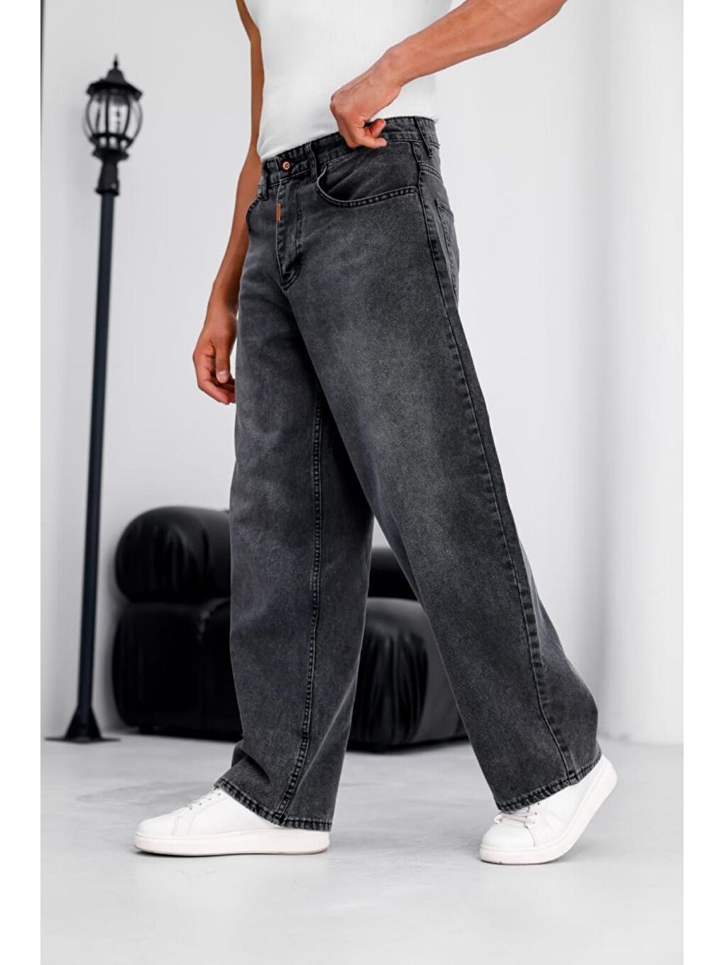 Gri Puertas Erkek Yüksek Bel Balon Baggy Fit Bol Kesim Jean Pantolon-2