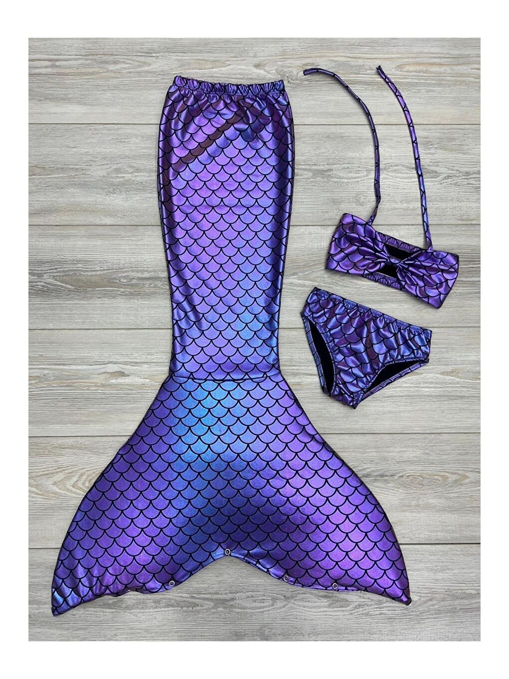 MY KIDS WEAR Mor Kız Çocuk Deniz Kızı Pembe Kostüm Mayo Alt Üst Bikini Ve Kuyruk 3'lü Takım