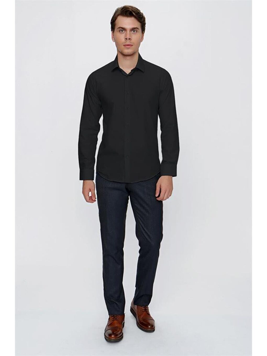 Siyah Uzun Kol Düz Bez Ayağı 041 Sert Yaka Basic Slim Fit Gömlek 1004245057-1