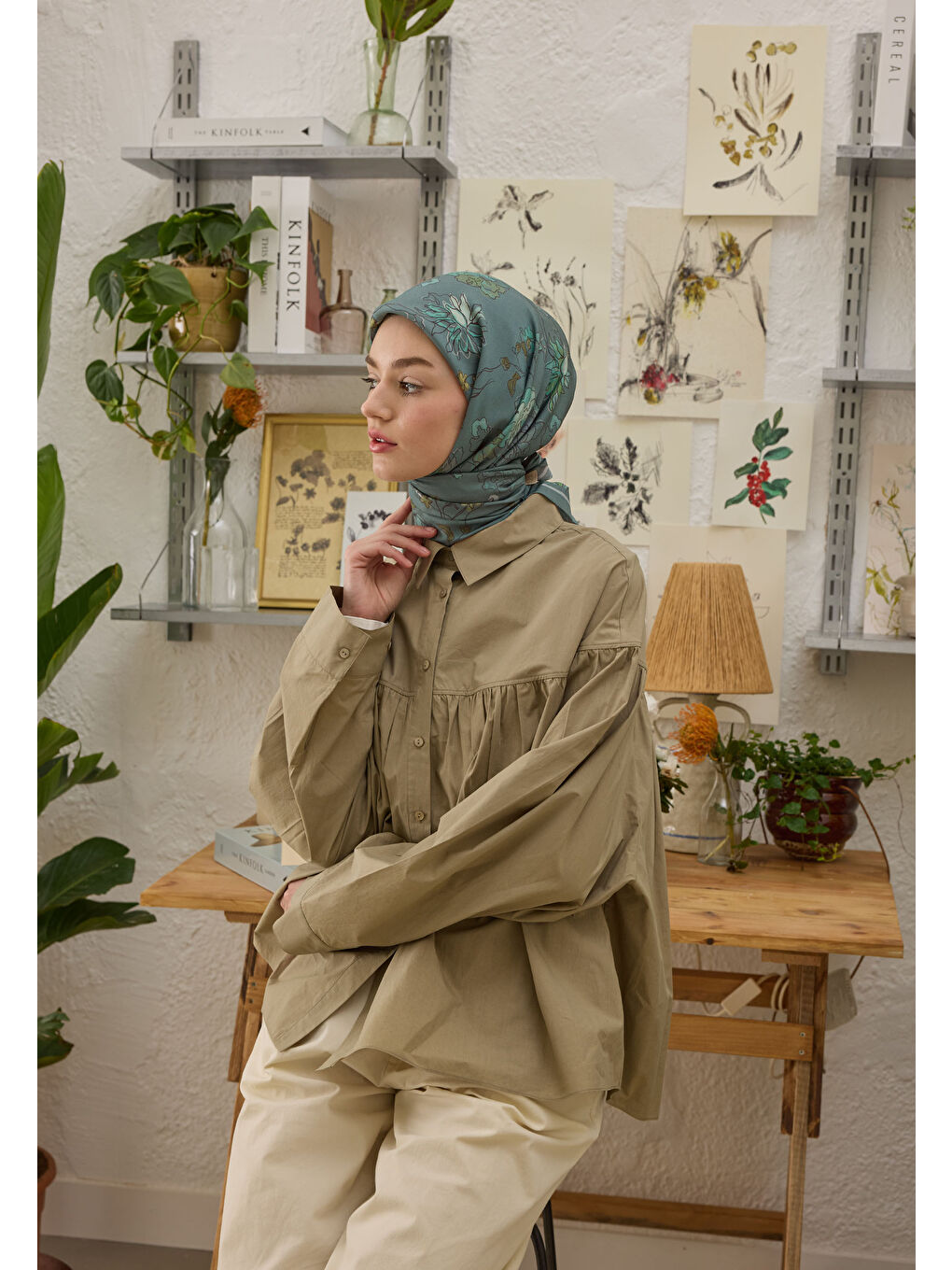 Delıa Desen Pamuk İpek Eşarp Deniz Yeşili-1