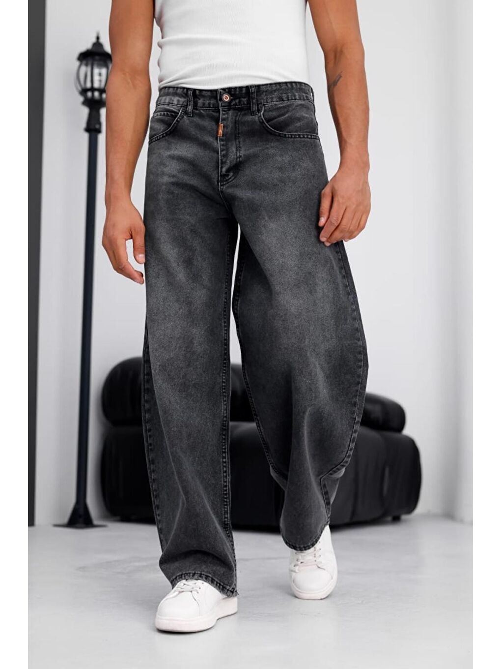 Gri Puertas Erkek Yüksek Bel Balon Baggy Fit Bol Kesim Jean Pantolon-3