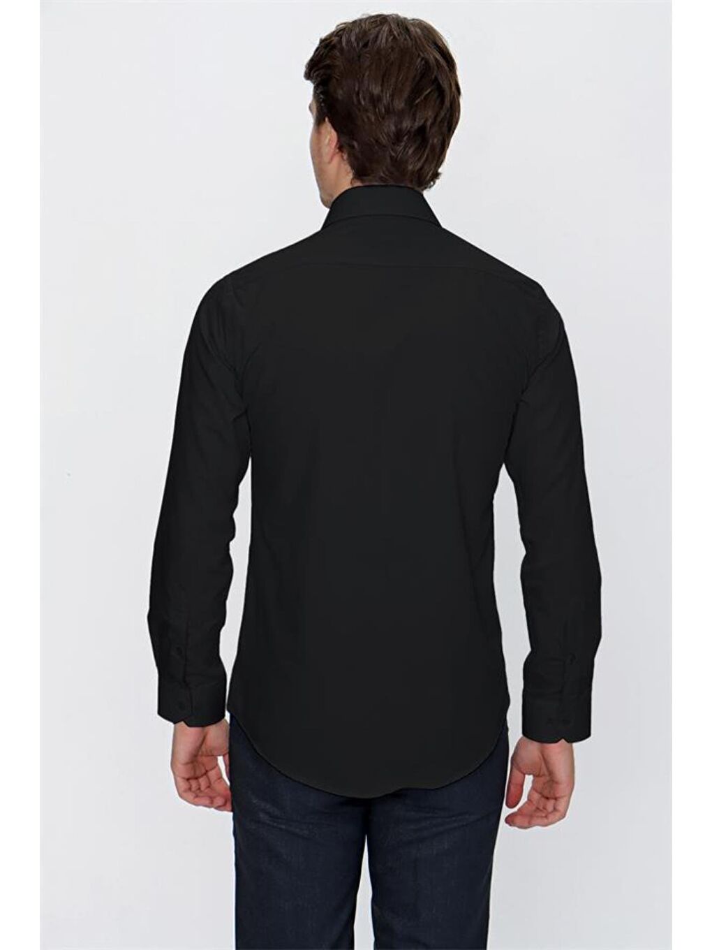 Siyah Uzun Kol Düz Bez Ayağı 041 Sert Yaka Basic Slim Fit Gömlek 1004245057-4