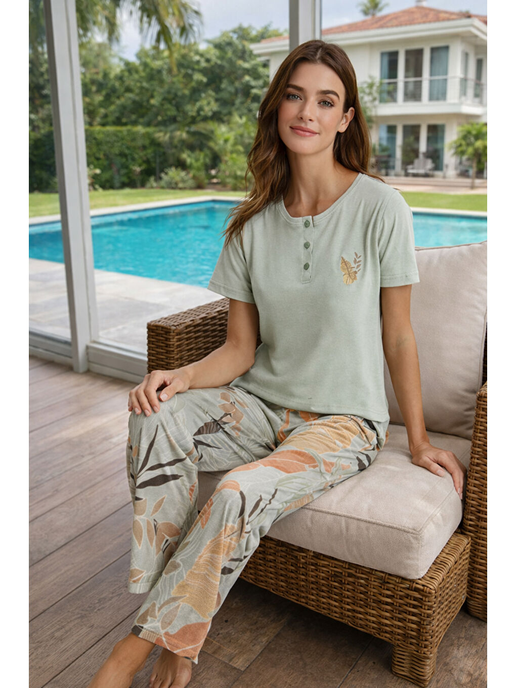 Yeşil Kadın Penye Kumaş Kısa Kol Pijama Takımı 3341 Mint-1