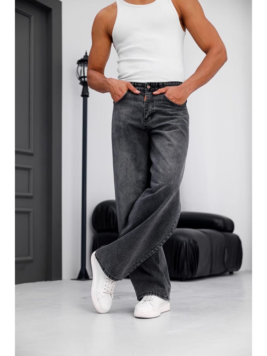 Gri Puertas Erkek Yüksek Bel Balon Baggy Fit Bol Kesim Jean Pantolon-4