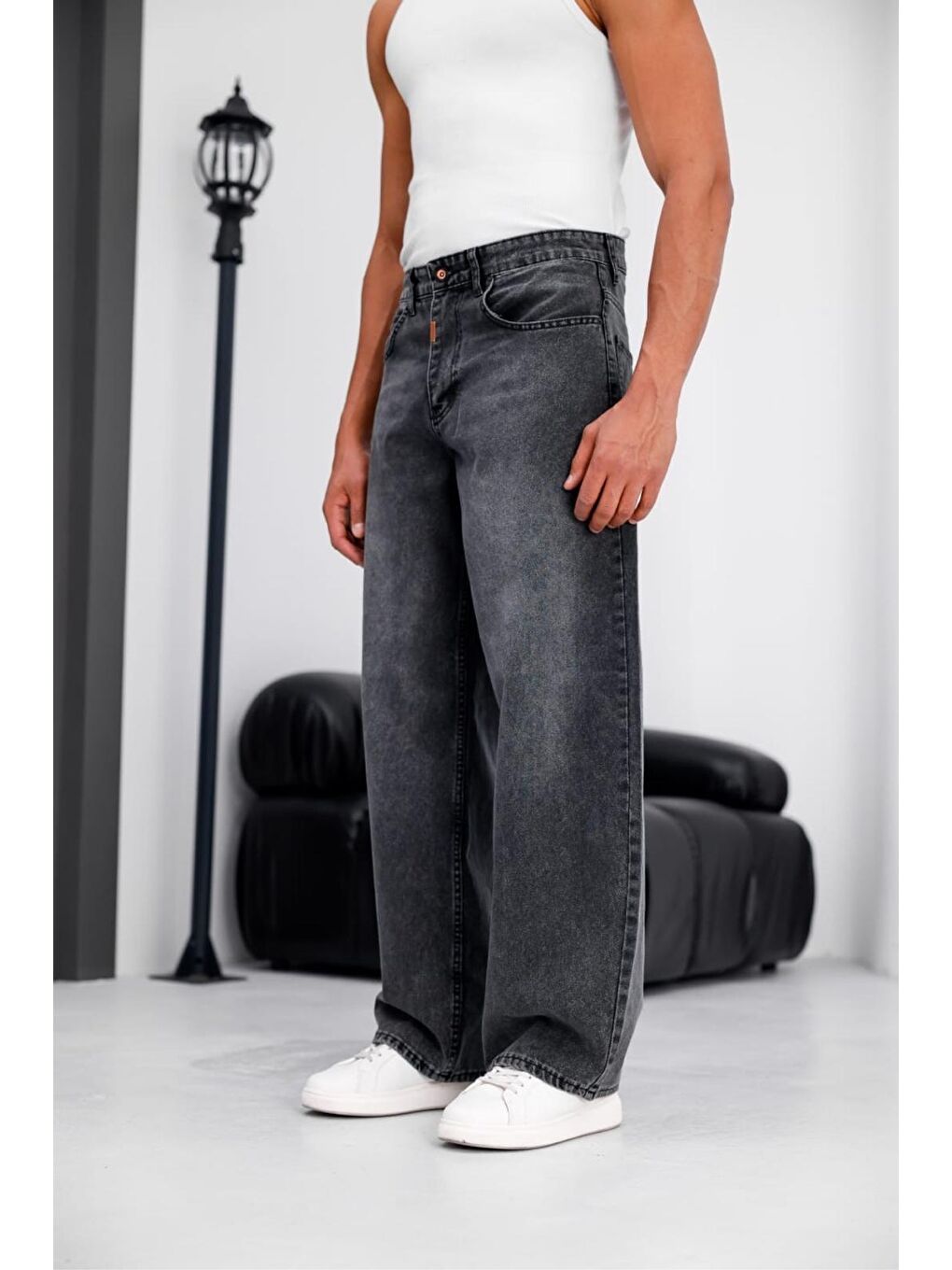 Gri Puertas Erkek Yüksek Bel Balon Baggy Fit Bol Kesim Jean Pantolon-5