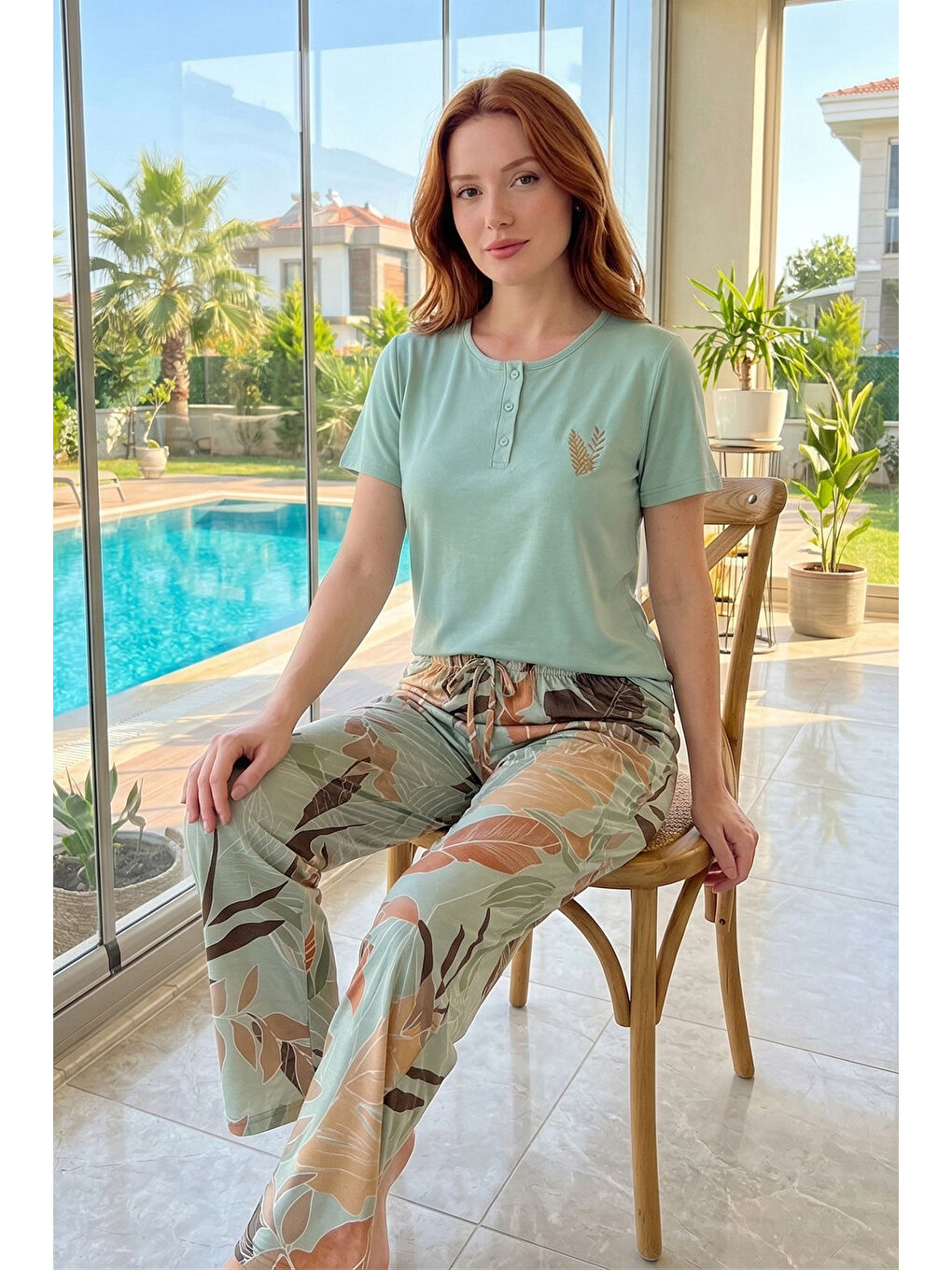 Yeşil Kadın Penye Kumaş Kısa Kol Pijama Takımı 3341 Mint-2