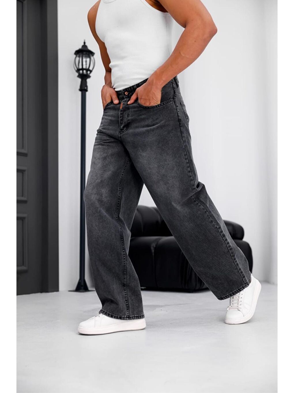 Gri Puertas Erkek Yüksek Bel Balon Baggy Fit Bol Kesim Jean Pantolon-6