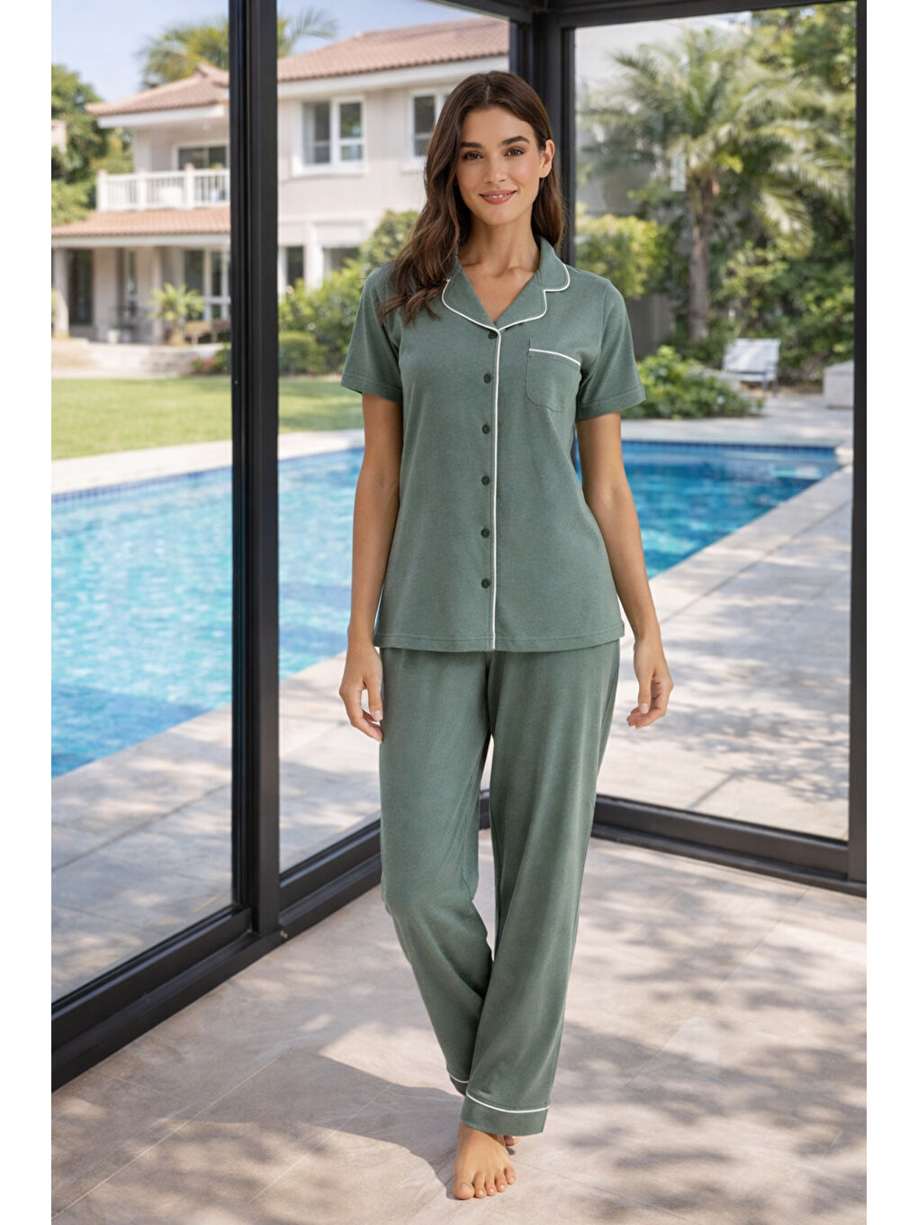 Kadın Penye Kısa Kol Pijama Takımı 3361 Yeşil-3