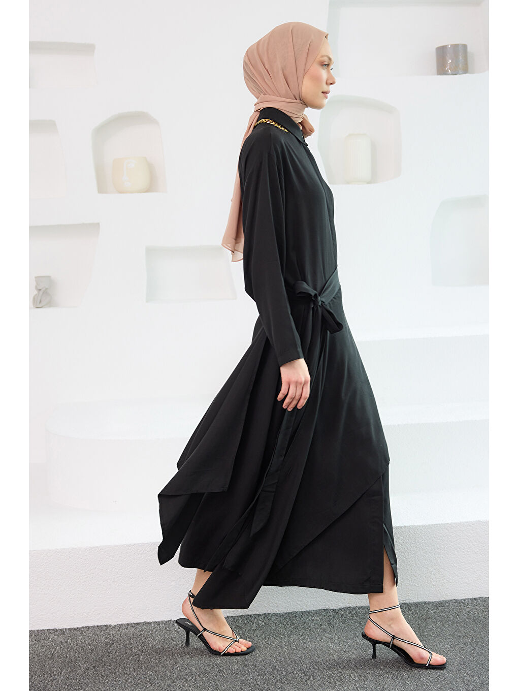 Kadın Eteği Bağlamalı Elbise Siyah-1