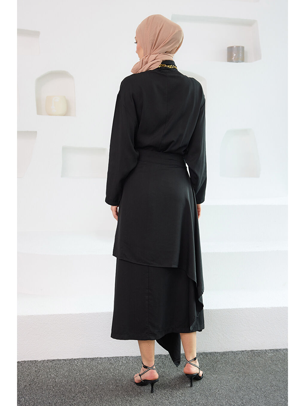 Kadın Eteği Bağlamalı Elbise Siyah-3
