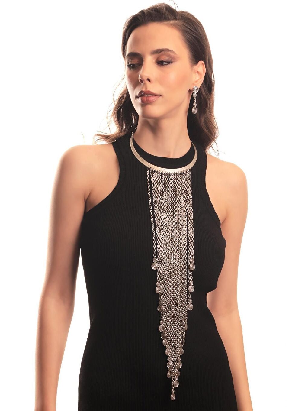 Gri Kadın Antik Gümüş Kaplama Spiral Charm Uzun Bohem Kolye & Küpe Seti-2