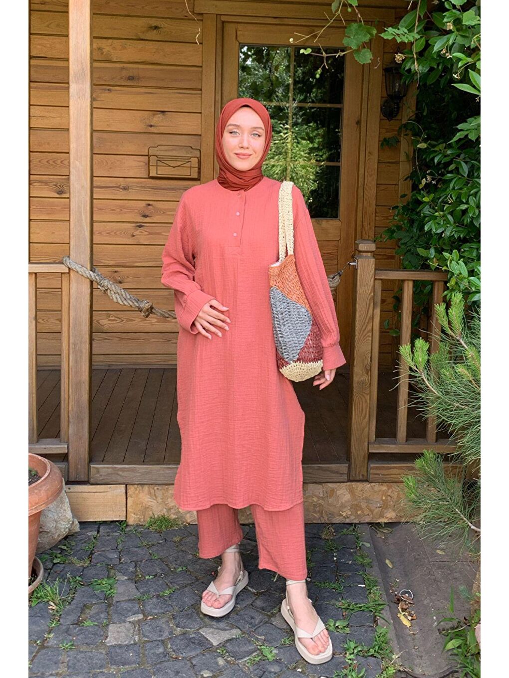 Kahverengi Kiremit Patlı Uzun Tunik Takım