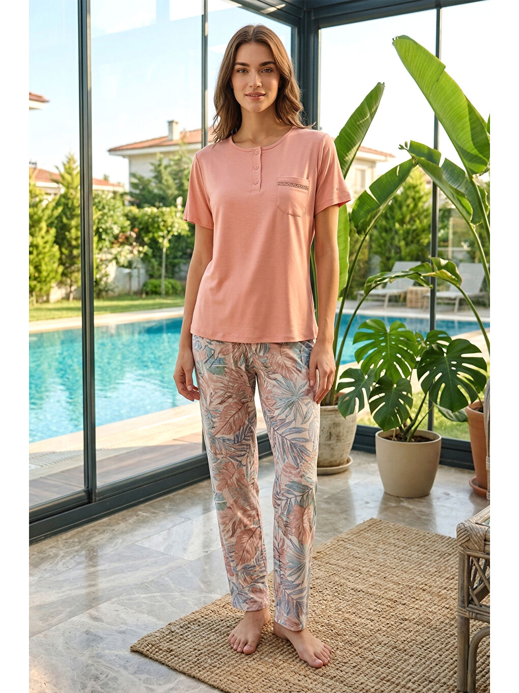 Pembe Kadın Viskon Kumaş Kısa Kol Pijama Takımı 3353 Pudra02