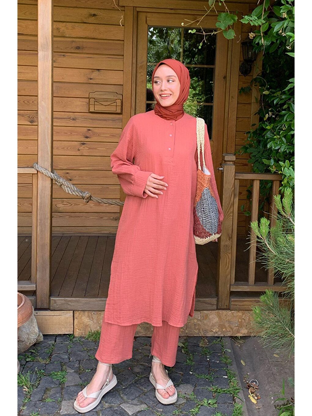 Kahverengi Kiremit Patlı Uzun Tunik Takım-1