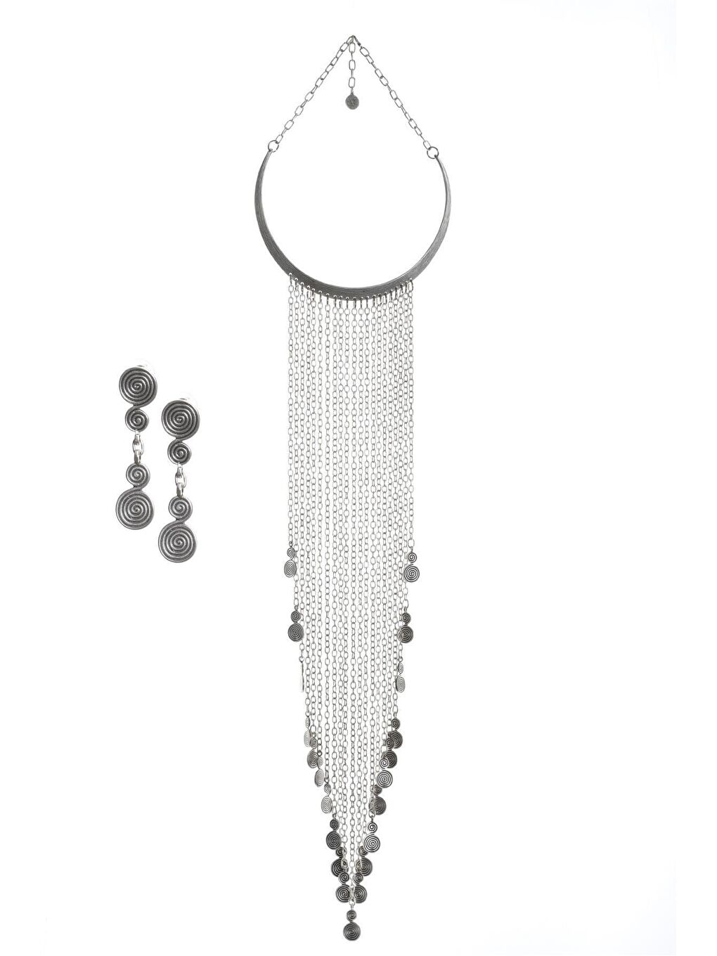 Gri Kadın Antik Gümüş Kaplama Spiral Charm Uzun Bohem Kolye & Küpe Seti