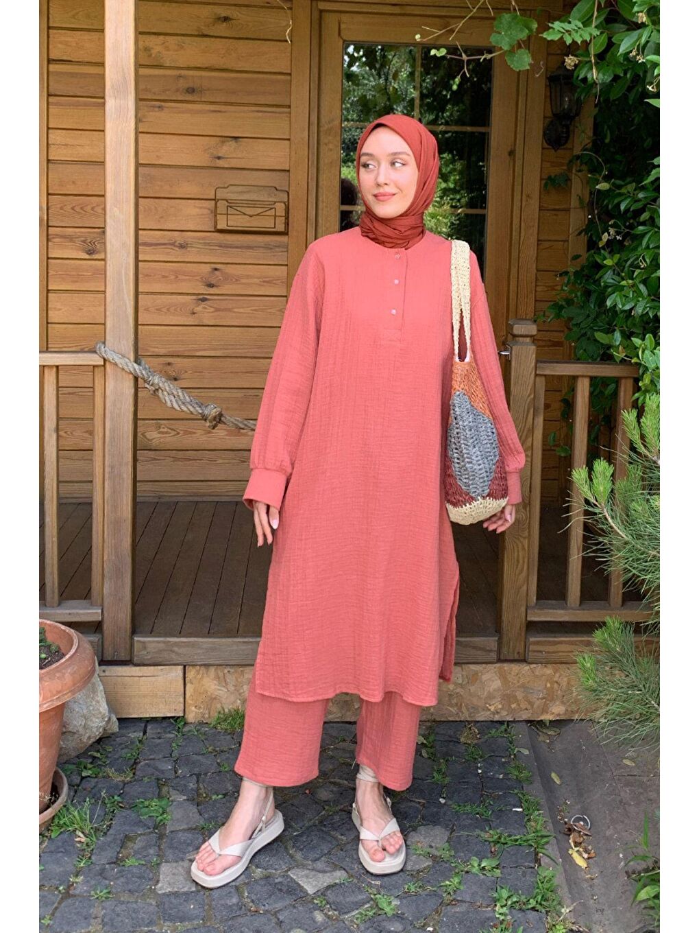 Kahverengi Kiremit Patlı Uzun Tunik Takım-2