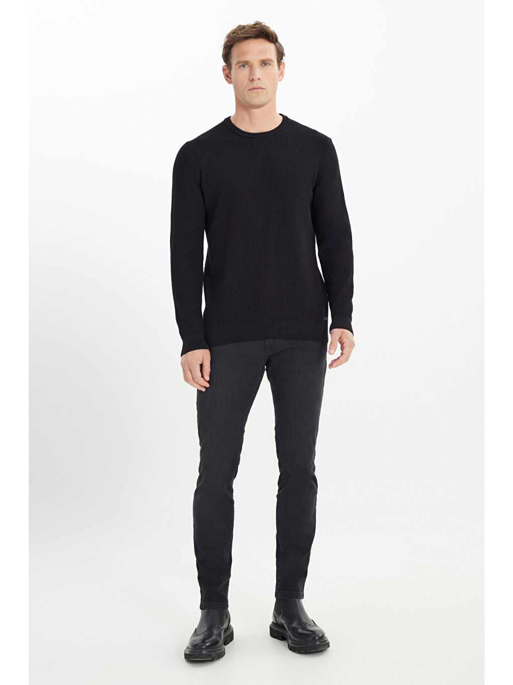 Erkek Siyah %100 Pamuk Normal Kesim Bisiklet Yaka Selanik Örgü Triko Kazak-1