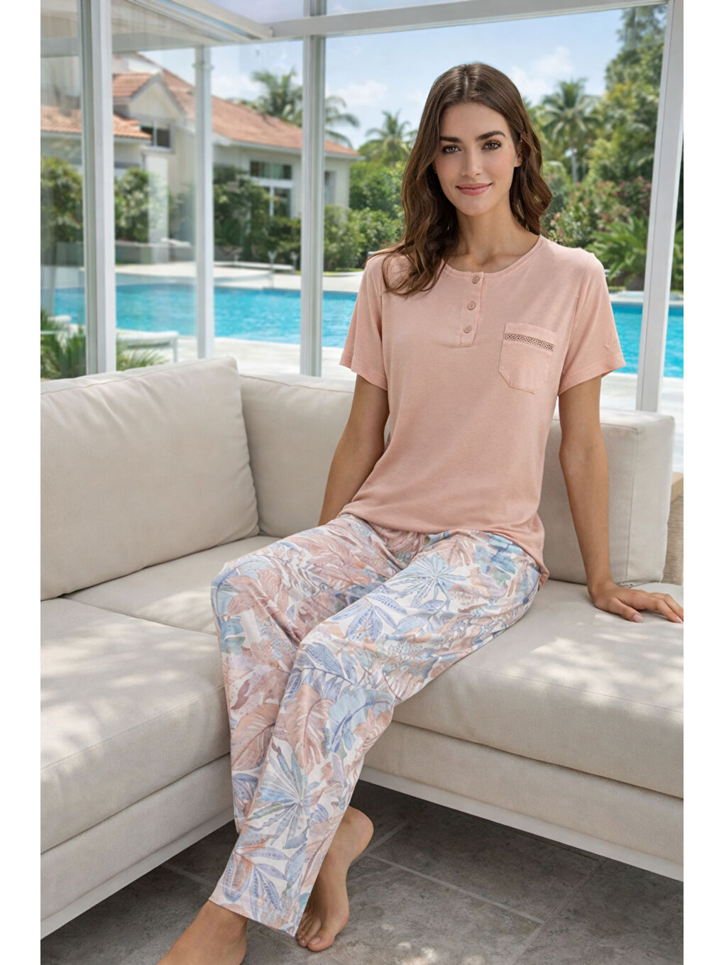 Pembe Kadın Viskon Kumaş Kısa Kol Pijama Takımı 3353 Pudra02-3