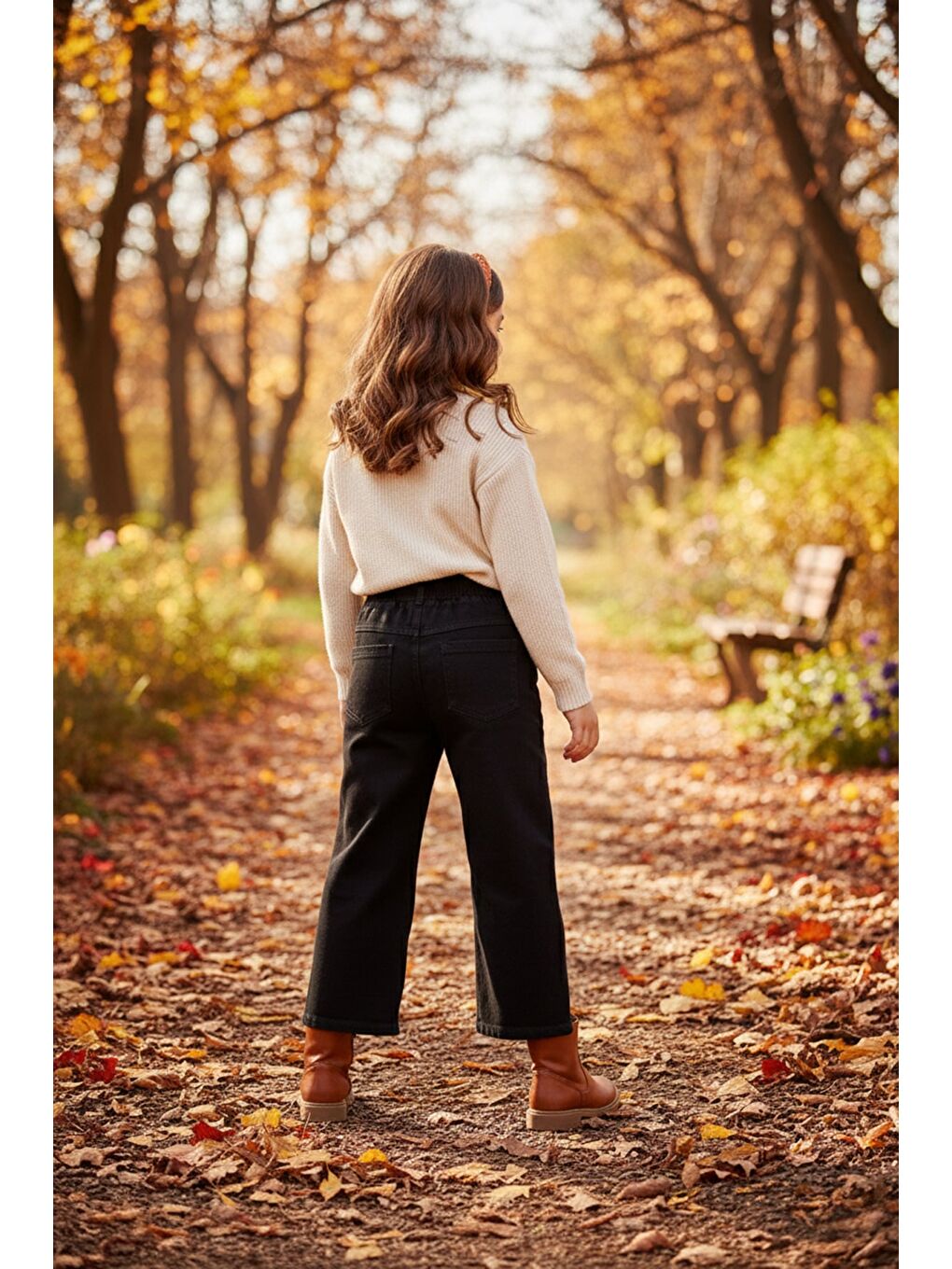 Siyah %100 Pamuk Beli Lastikli Taşlı Kalp Nakışlı Kız Çocuk Pantolon-1