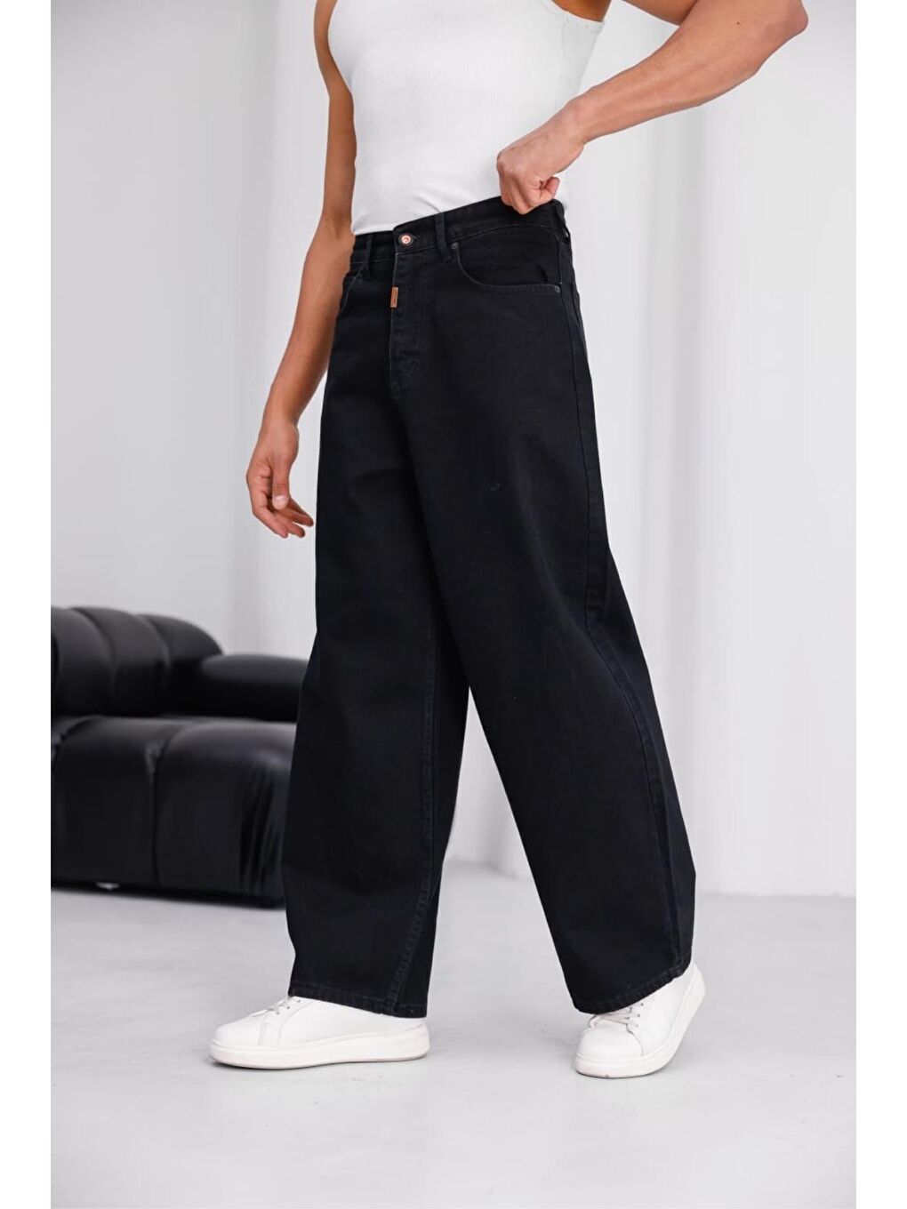 Siyah Puertas Erkek Yüksek Bel Balon Baggy Fit Bol Kesim Jean Pantolon-1