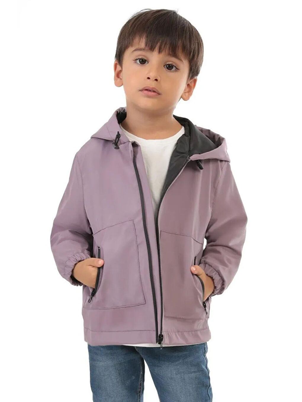Mürdüm Erkek Çocuk Astarlı Su Ve Rüzgar Geçirmez Kapüşonlu Çift Fermuarlı Yağmurluk