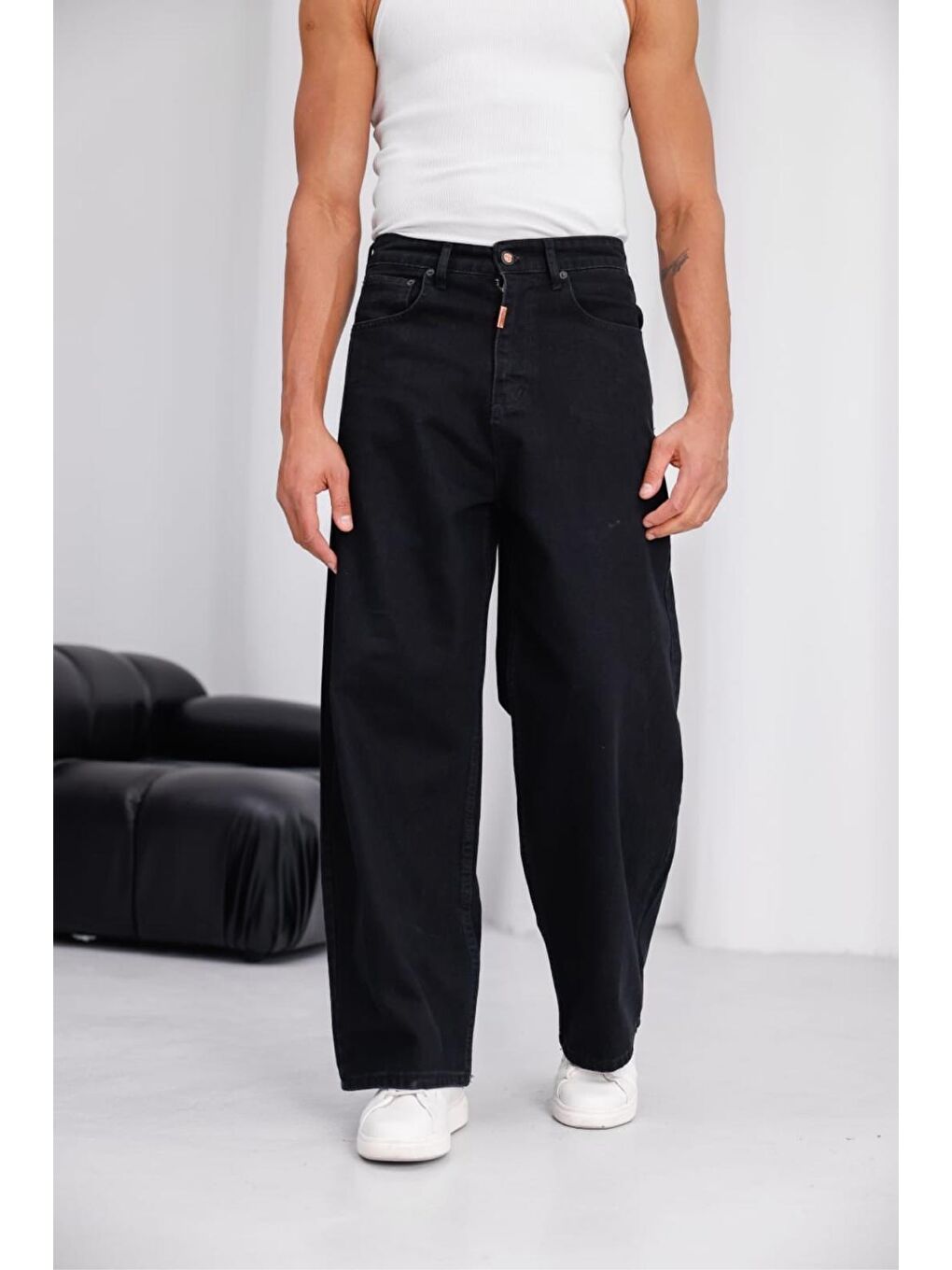 Siyah Puertas Erkek Yüksek Bel Balon Baggy Fit Bol Kesim Jean Pantolon-2